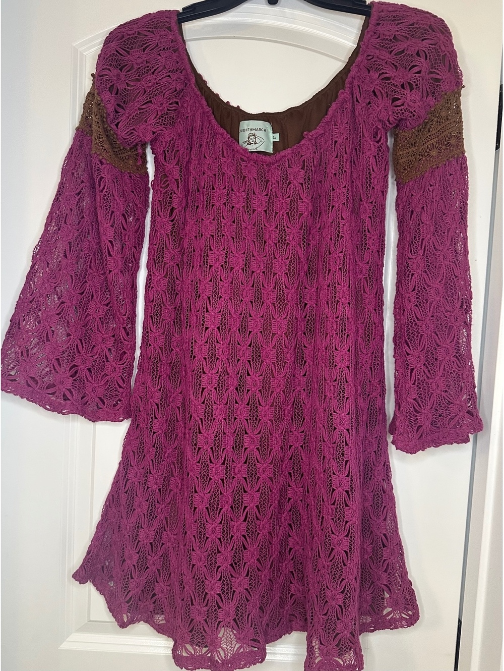 Judith March Women's Large Pink Crochet Knit Dress with Brown Lining and Bell Sl